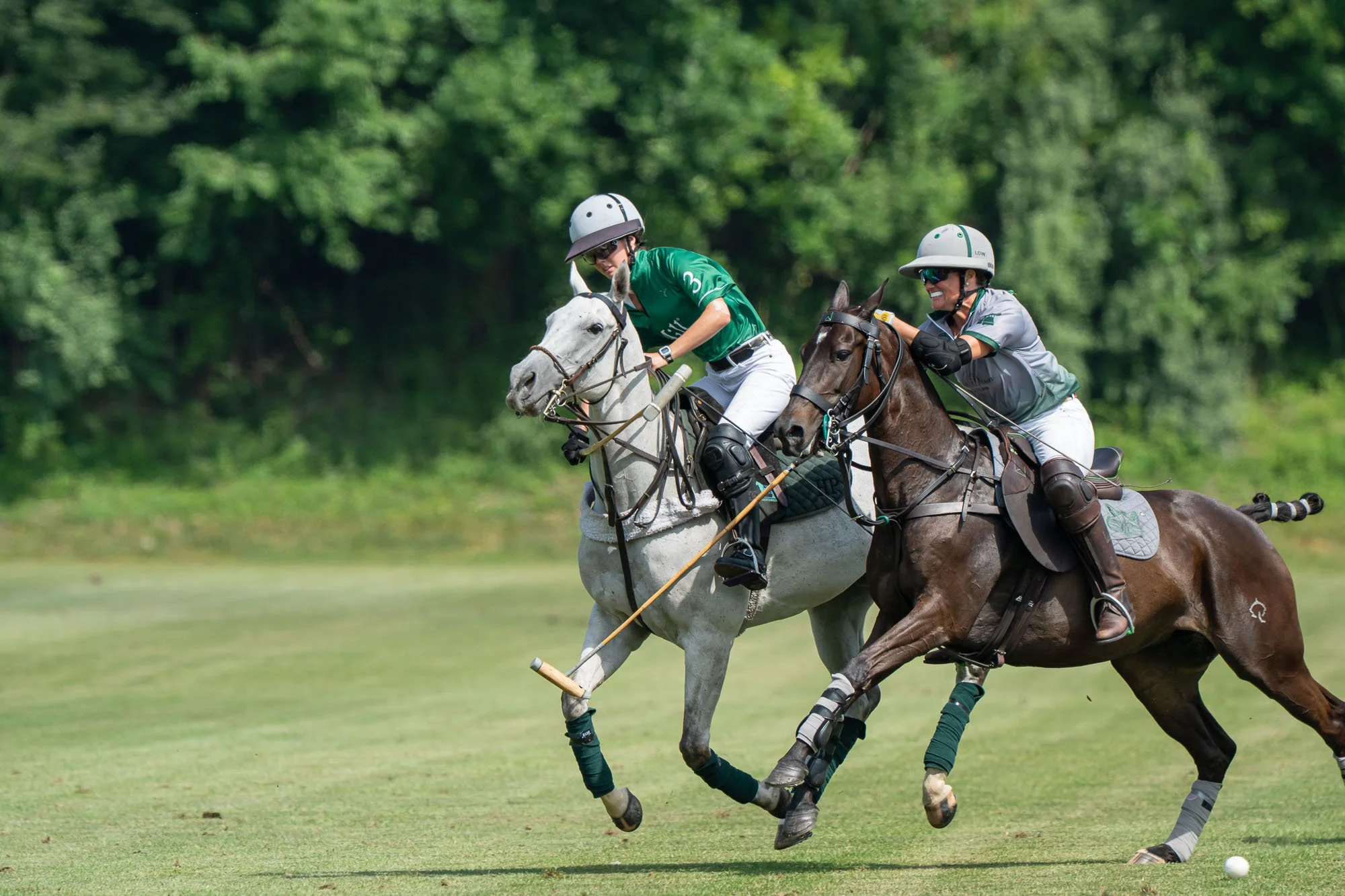 Two polo players riding horses and competing for the ball on a grassy field with trees in the background.
