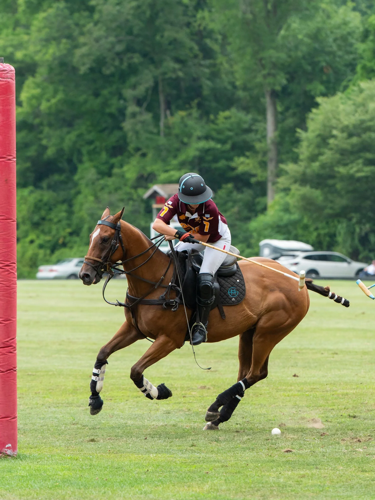 A polo player riding a horse on a grassy field, wearing a black helmet and maroon jersey with yellow accents, preparing to hit a white polo ball.