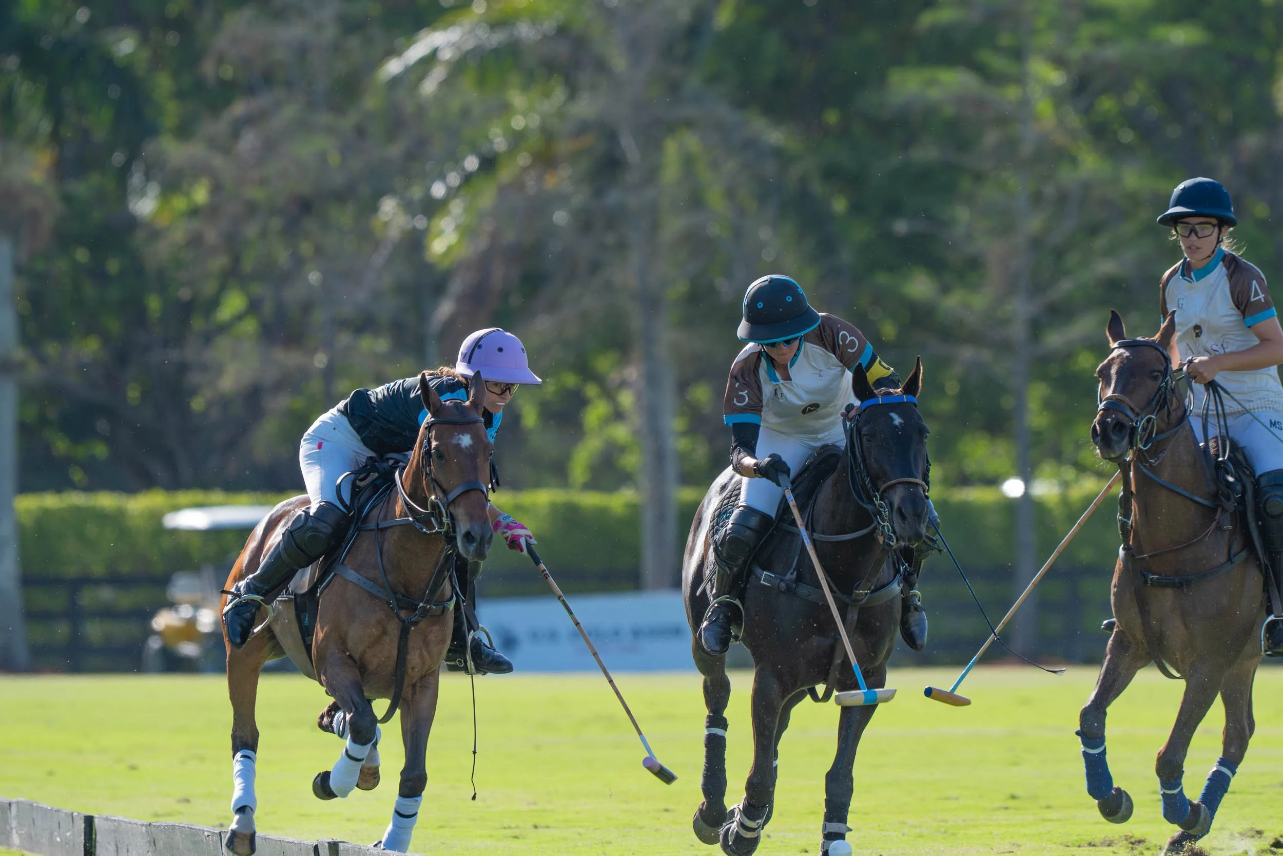 Four polo players wearing helmets and goggles riding horses during a polo match on a grass field with trees in the background.