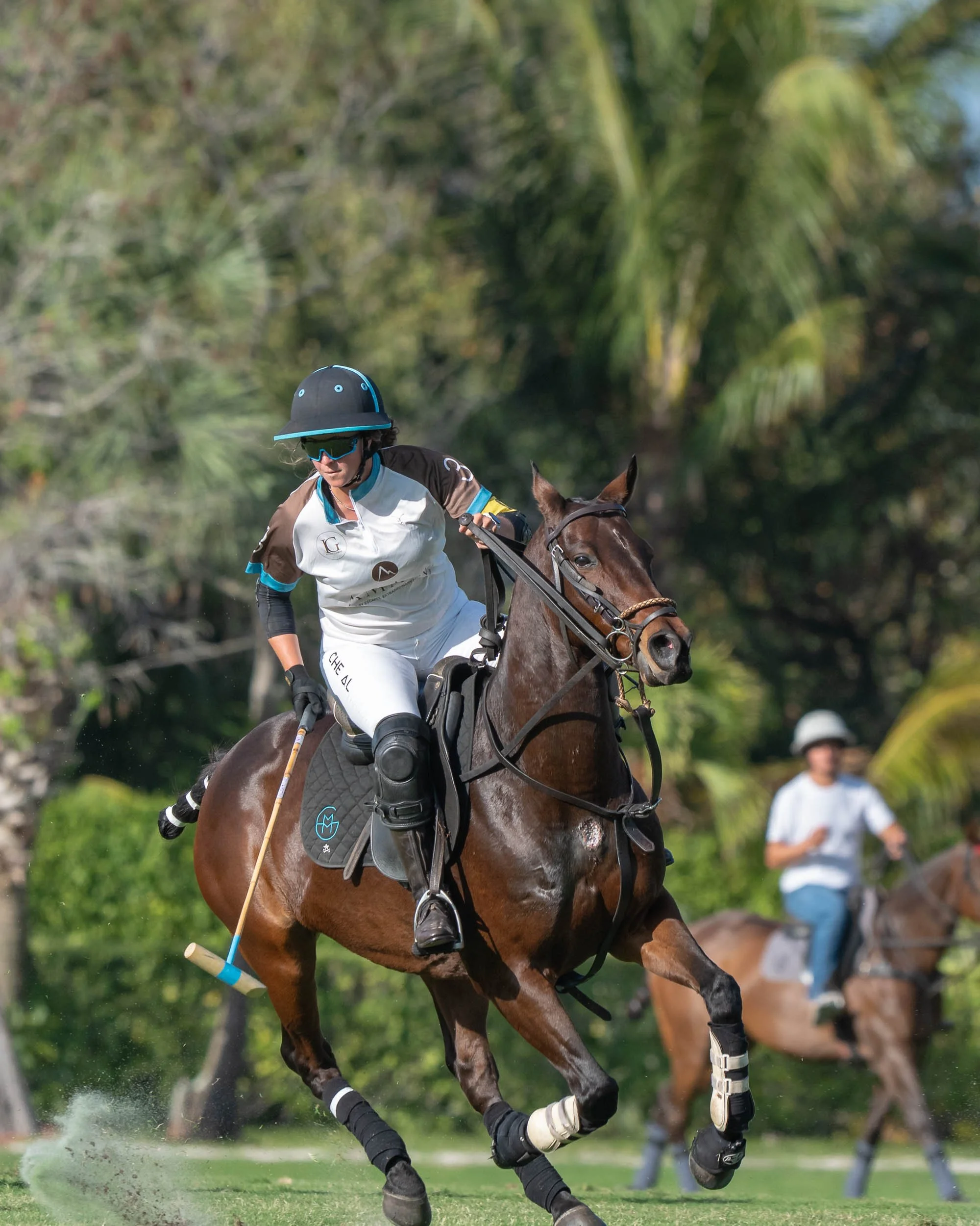 A polo player riding a brown horse on a grassy field, wearing a white sports outfit, helmet, and sunglasses, with a blurry background of trees and another rider.