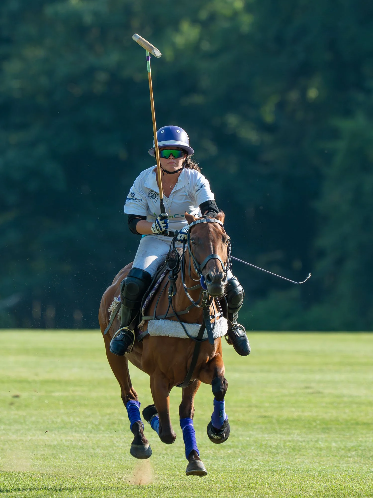 Female polo player wearing a helmet, sunglasses, and a white jersey riding a brown horse on a grassy field during daytime.