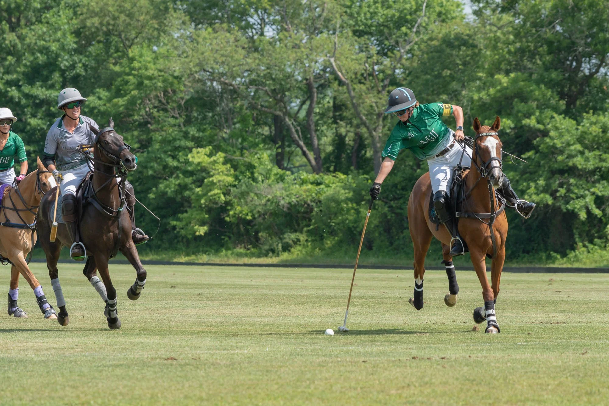 Equestrian players on horseback playing polo on a lush green field with trees in the background.
