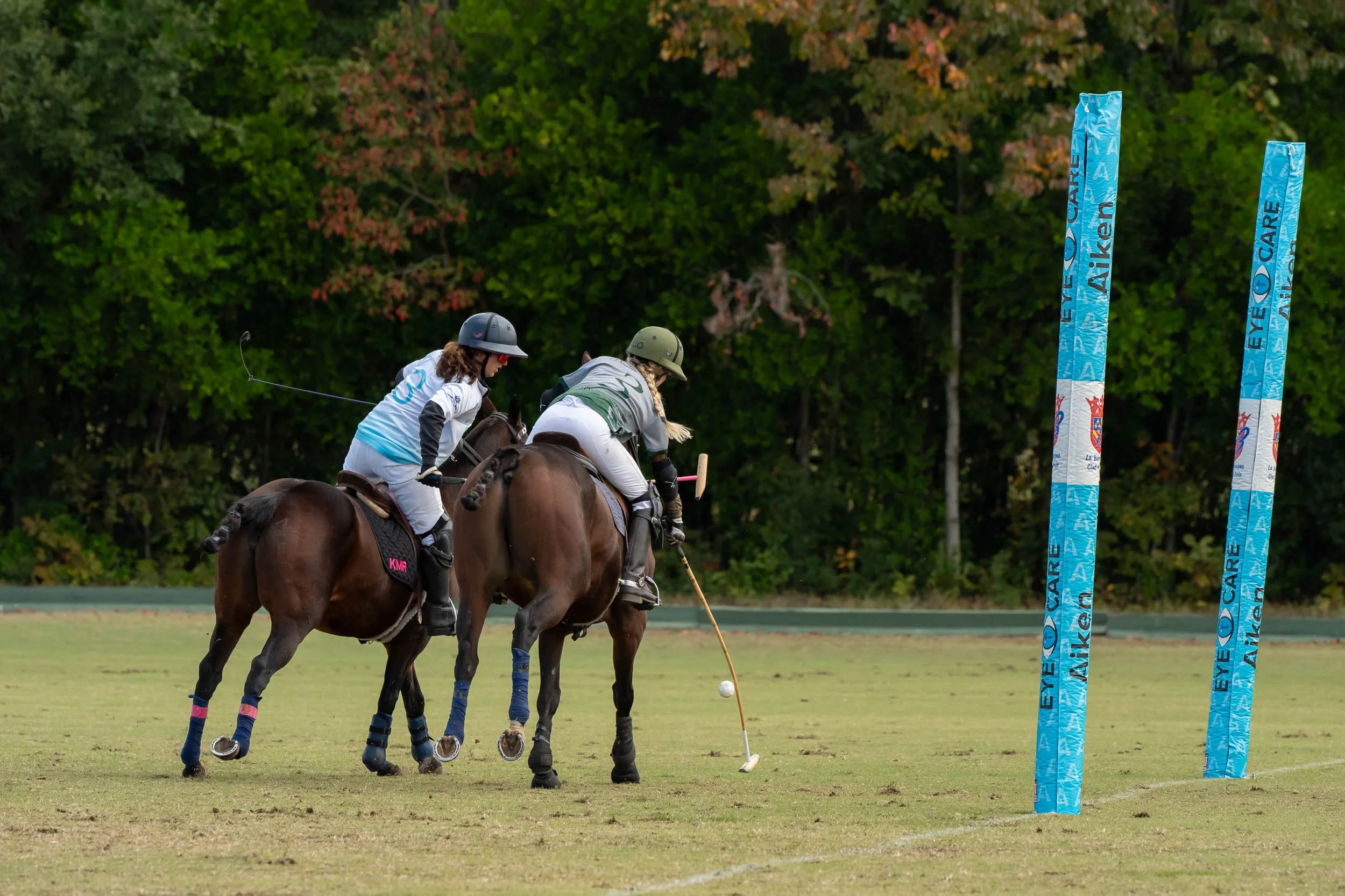 Two polo players on horseback competing for the ball near blue goal posts on a grassy field.