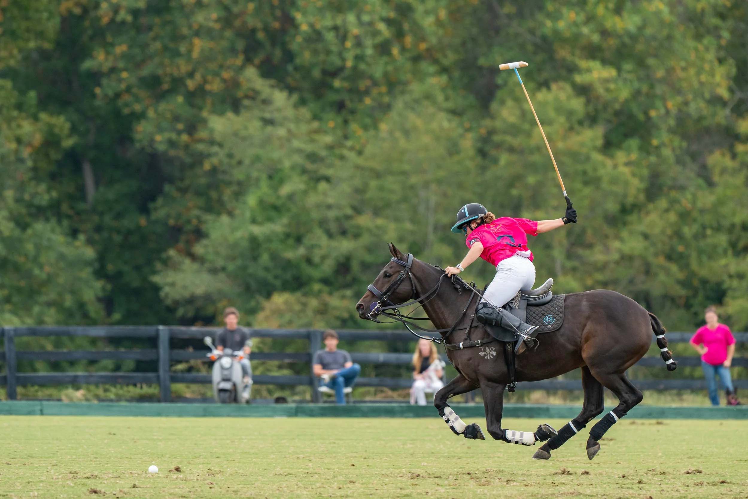 Polo player in a pink shirt riding a galloping horse and swinging a mallet toward the ball on a grassy field