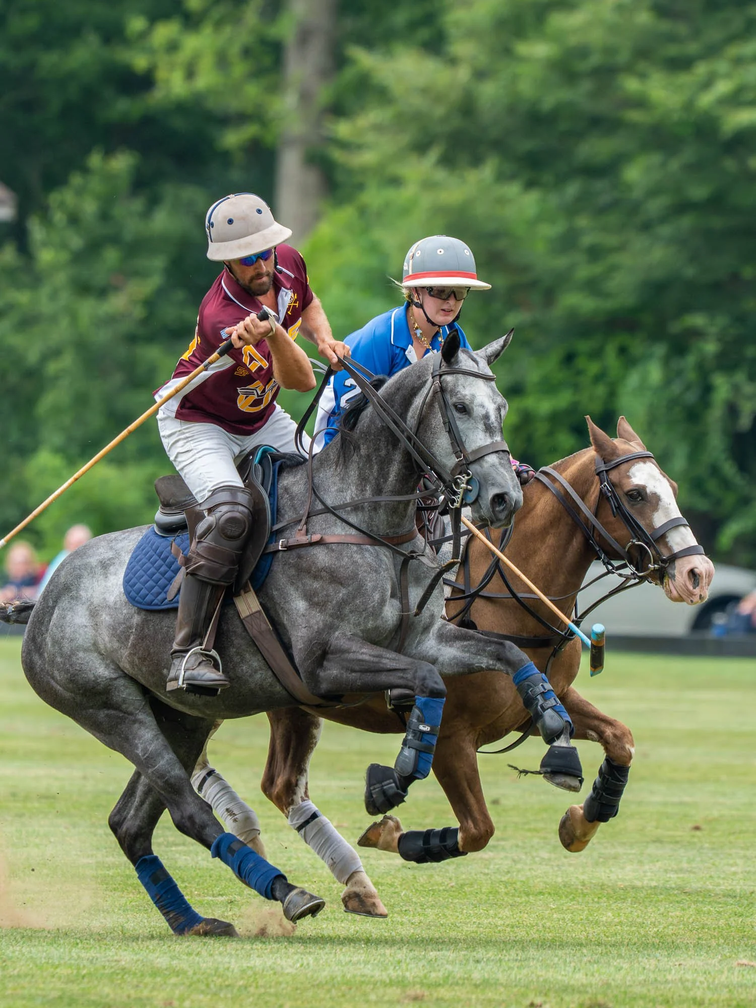 Two polo players riding horses and competing for the ball on a grassy field, with a background of blurred green trees.