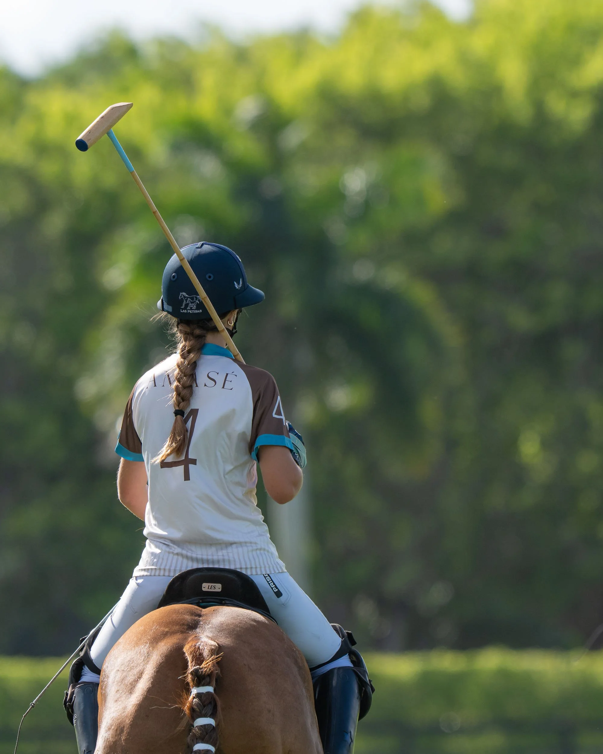 A polo player riding a horse on a polo field, holding a mallet, with a background of trees and a clear sky.