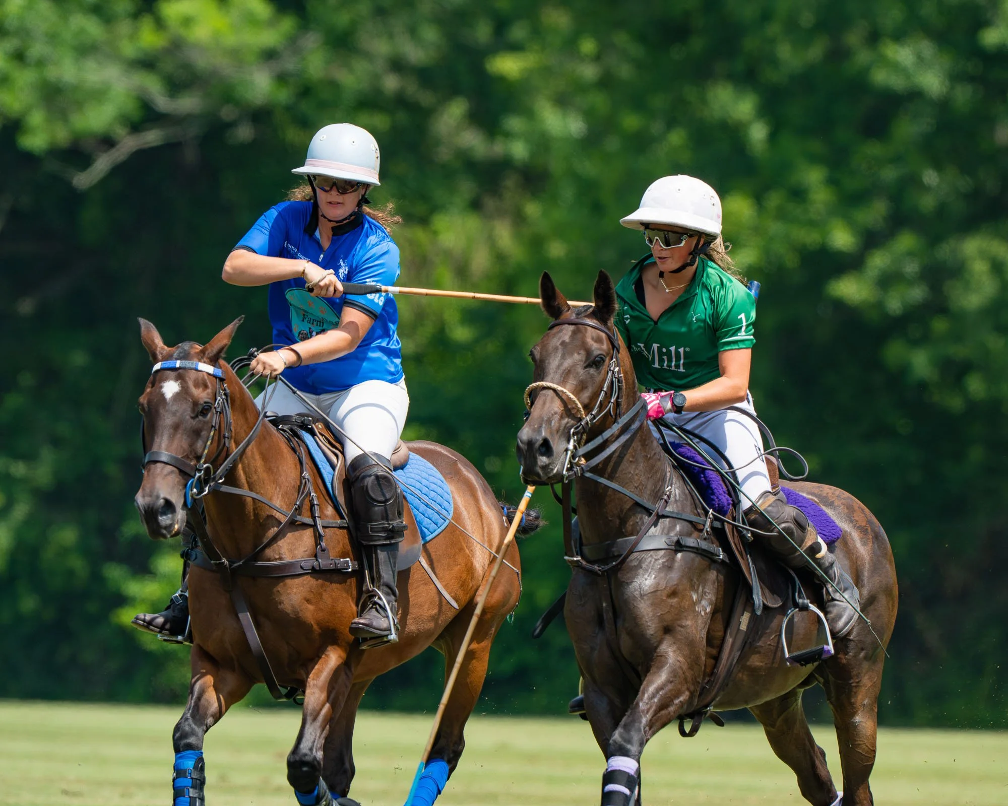 Two women engaged in a polo match riding horses, wearing helmets and sporty attire.