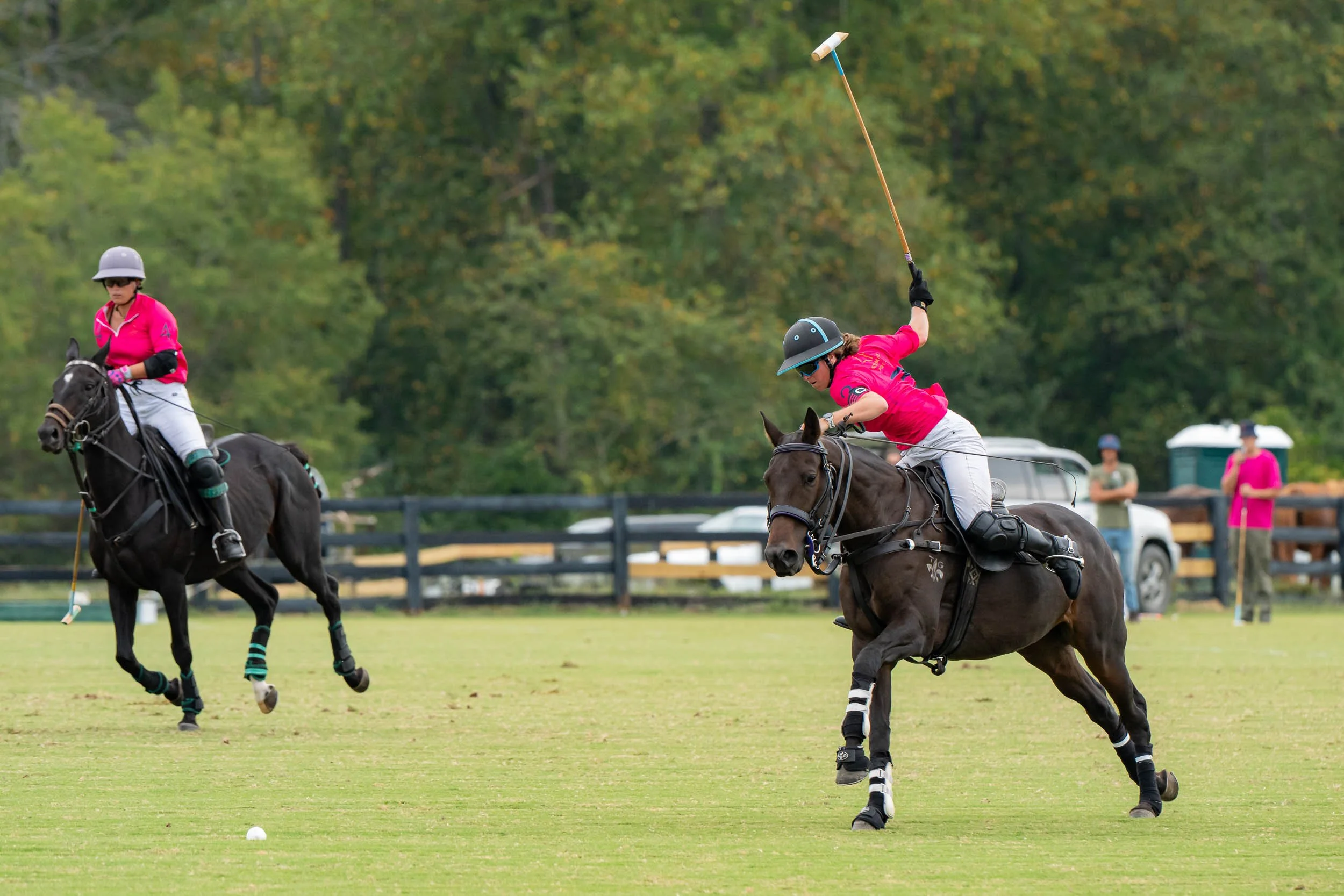 Polo players on horseback competing on a grassy field, one swinging a mallet toward the ball.