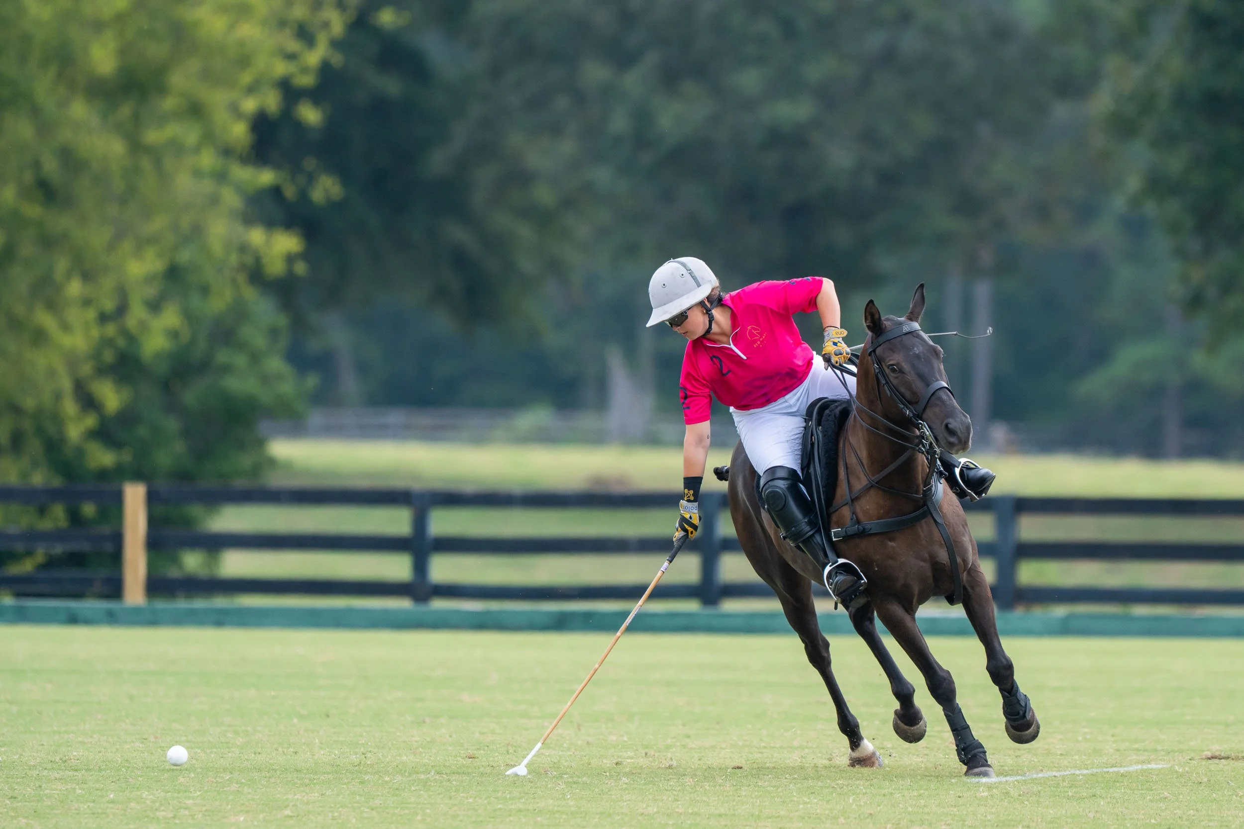 Polo player in a pink jersey riding a dark horse and swinging a mallet toward the ball on a grassy field.