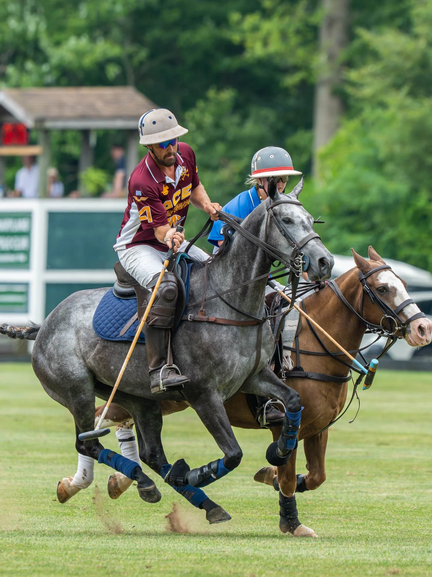Two polo players riding horses and competing for the ball on a grass field, with trees and a small building in the background.