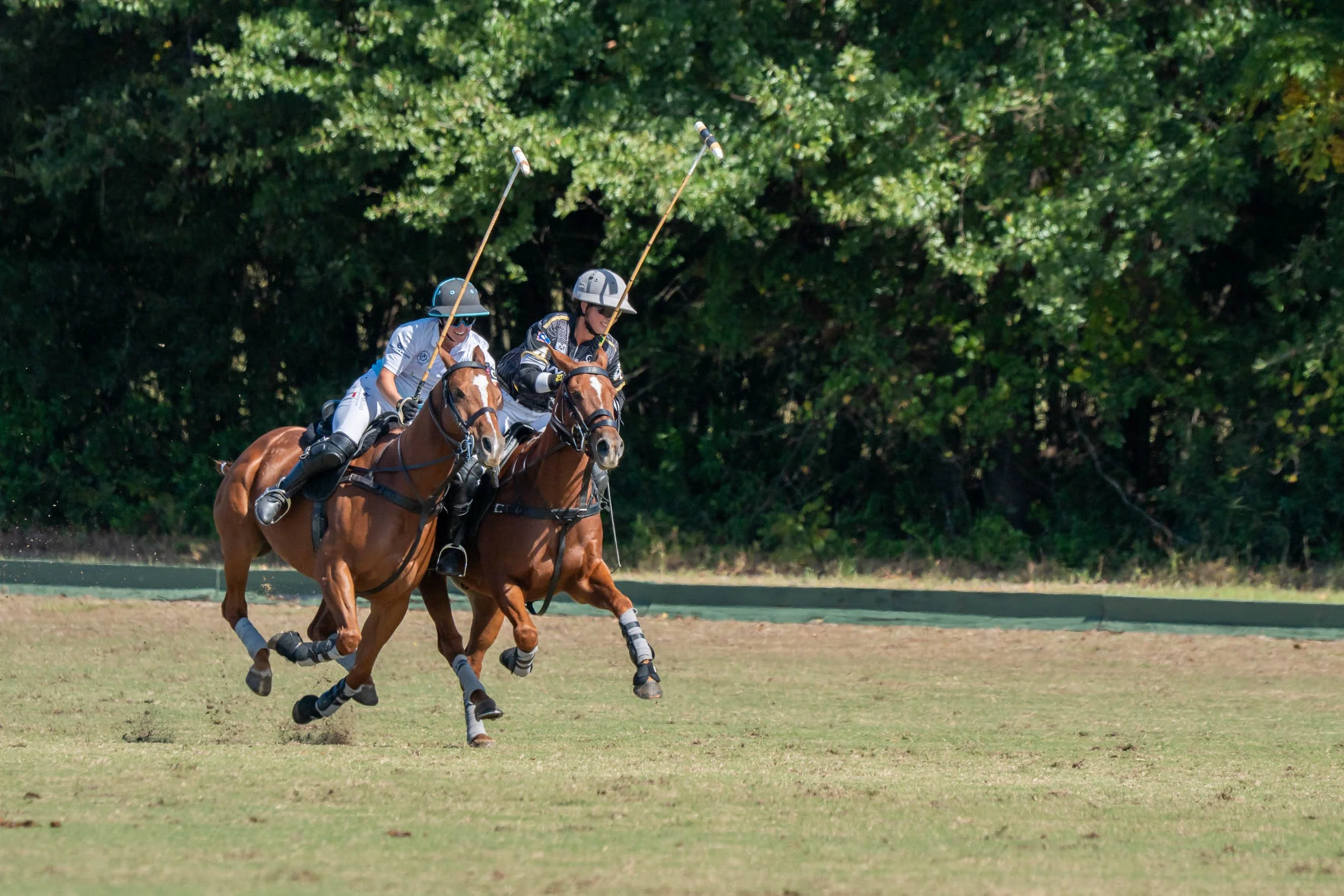 Two polo players riding horses and swinging mallets on a grass polo field