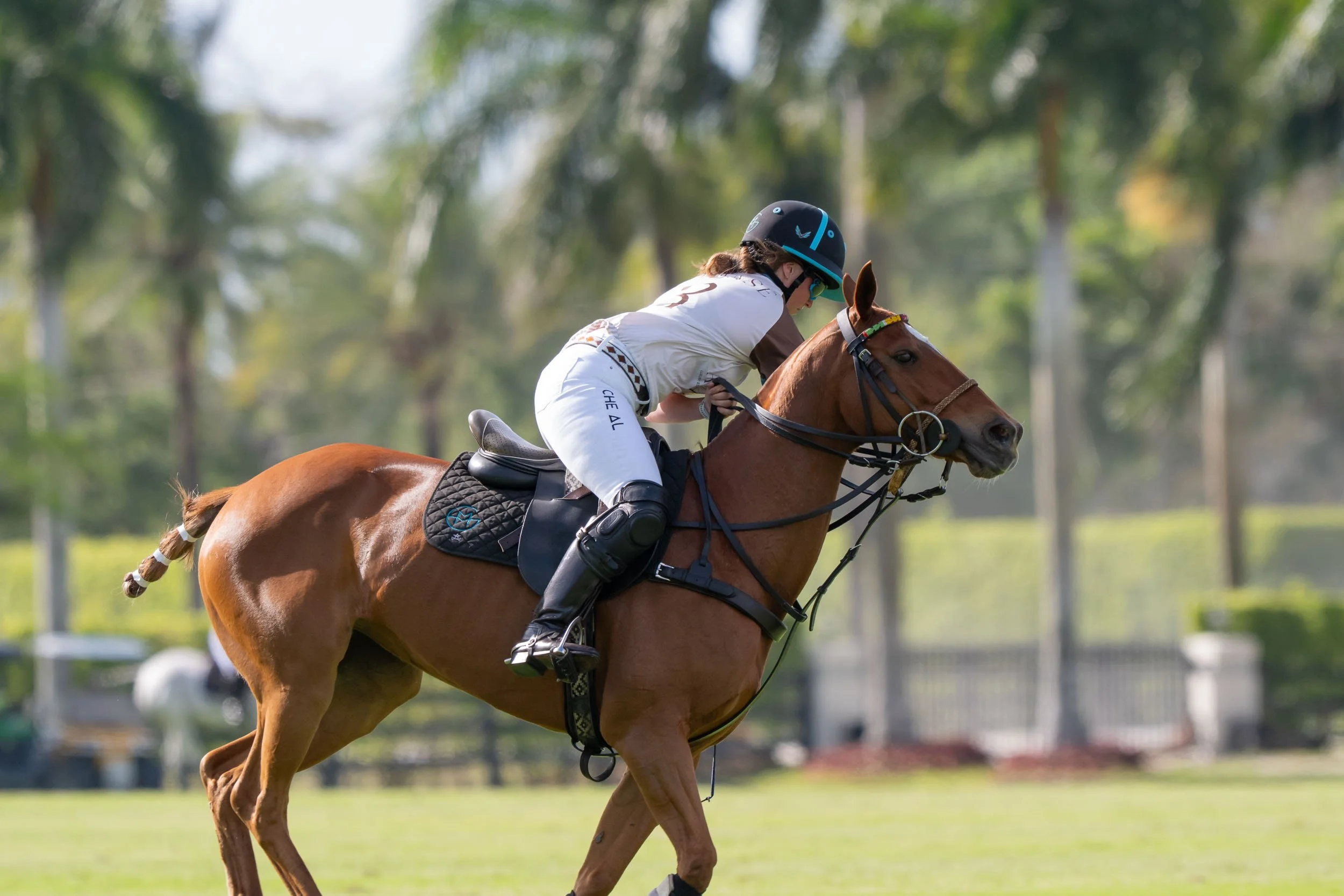 A person riding a brown horse in a lush green outdoor setting. The rider is wearing a black helmet, sunglasses, a white and brown outfit, and riding gear.