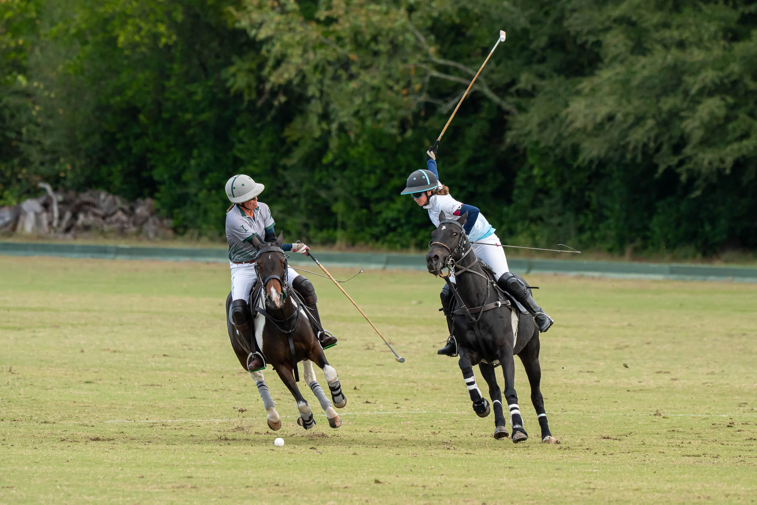 Two polo players on horseback competing for the ball on a grassy polo field.