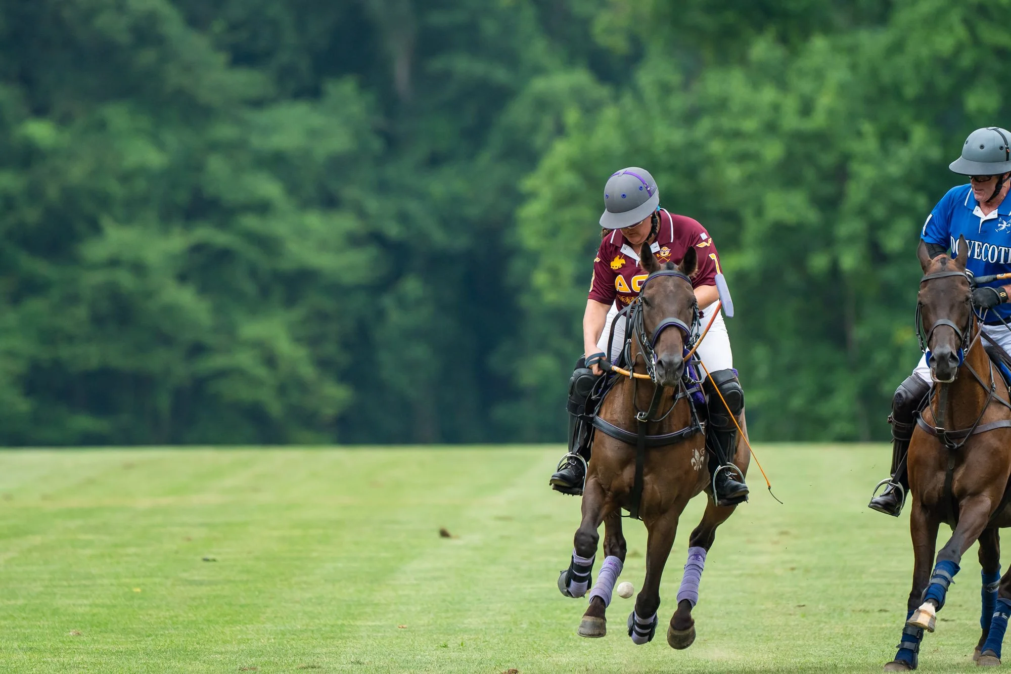 Two polo players on horseback competing for the ball on a lush, green field surrounded by trees.