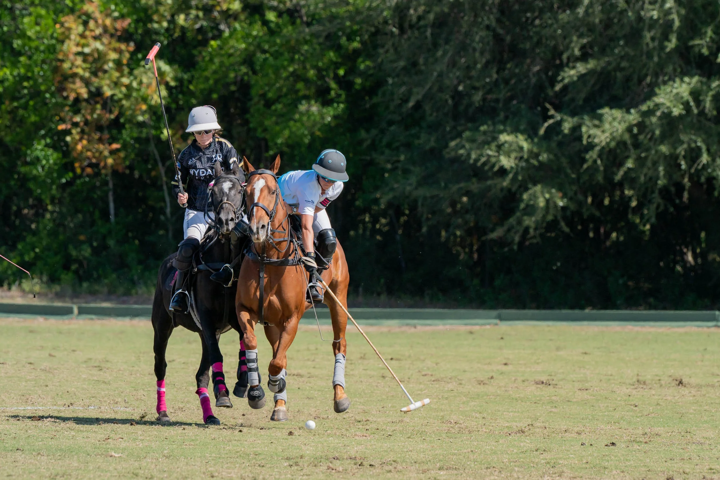Two polo players on horseback competing on a grassy polo field, with one player swinging a mallet toward the ball.