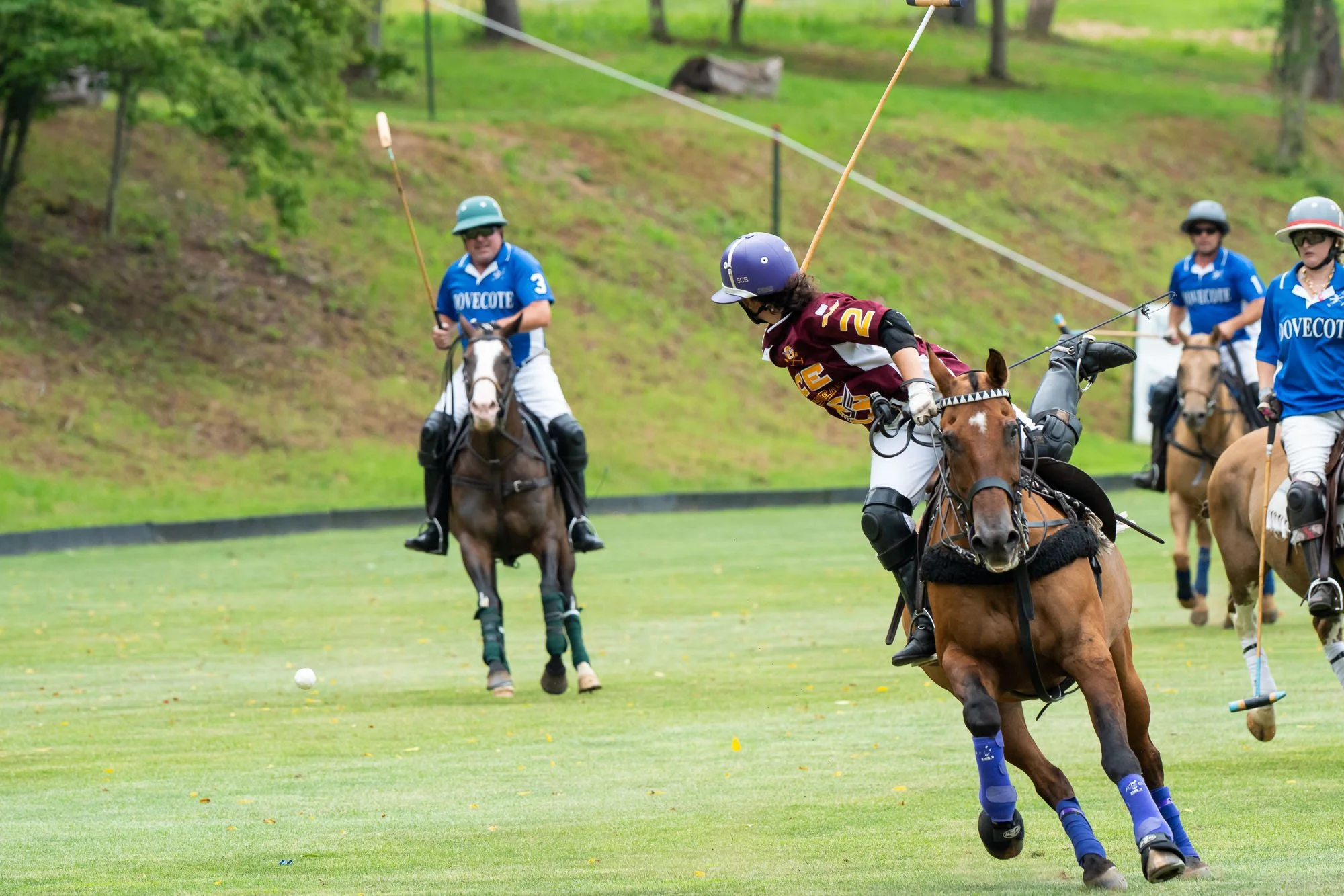 Horses and polo players in helmets and uniforms on a grassy field during a polo match, with one player in the foreground falling off a horse.