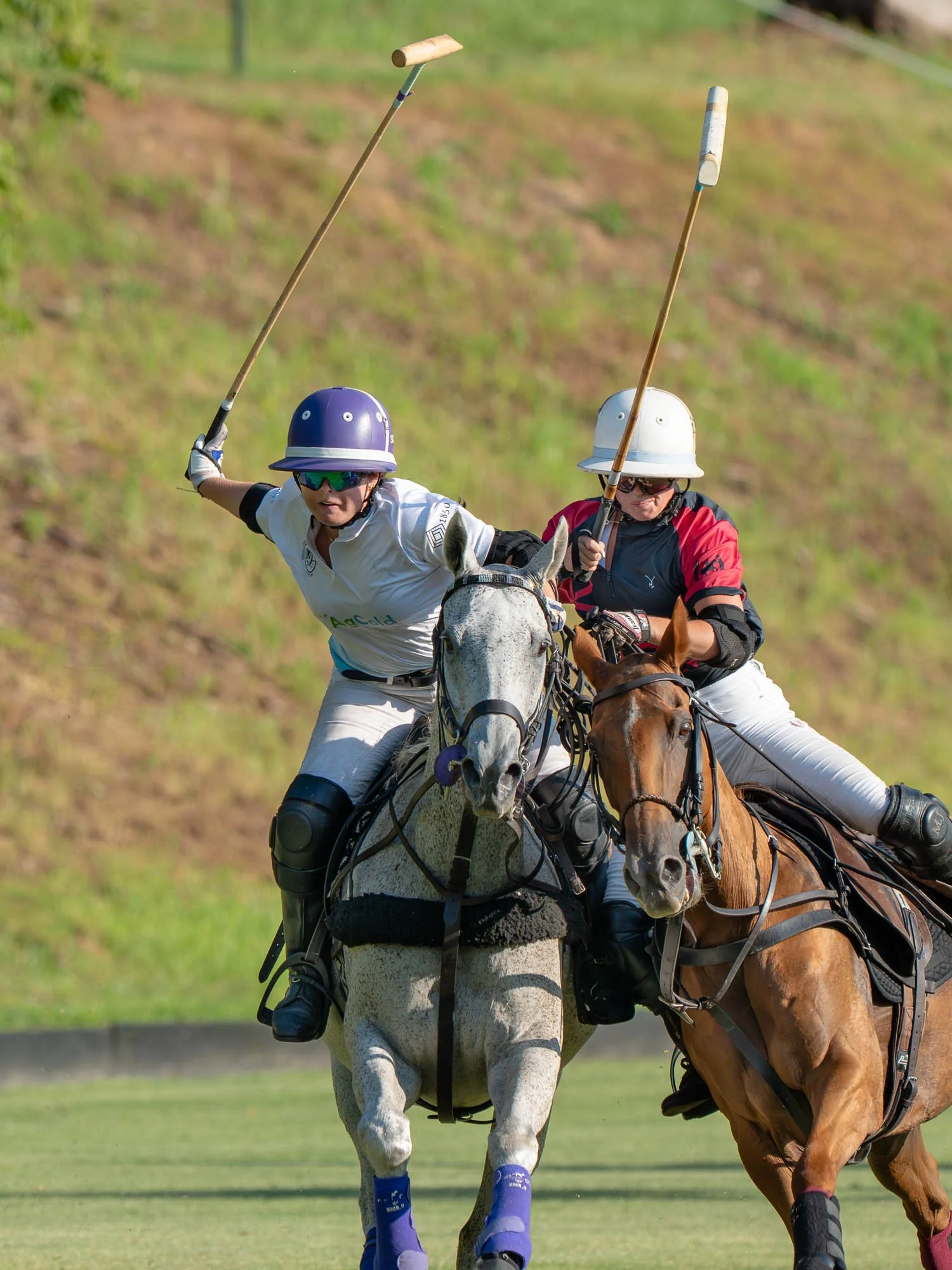 Two polo players on horseback compete in a game, wearing helmets and protective gear, holding mallets and riding on a grassy field.