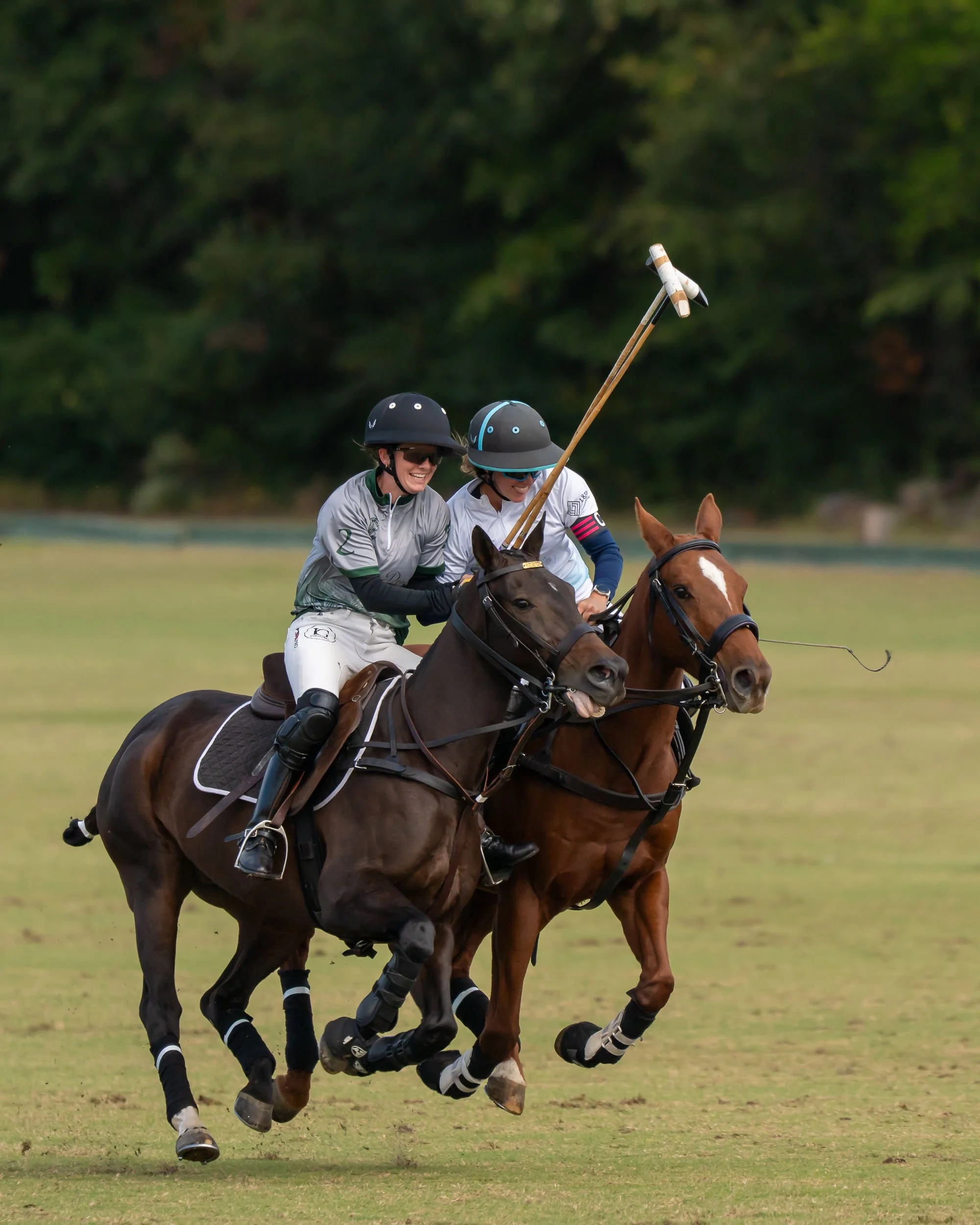 Two polo players on horseback competing on a grassy field, with one raising a mallet.