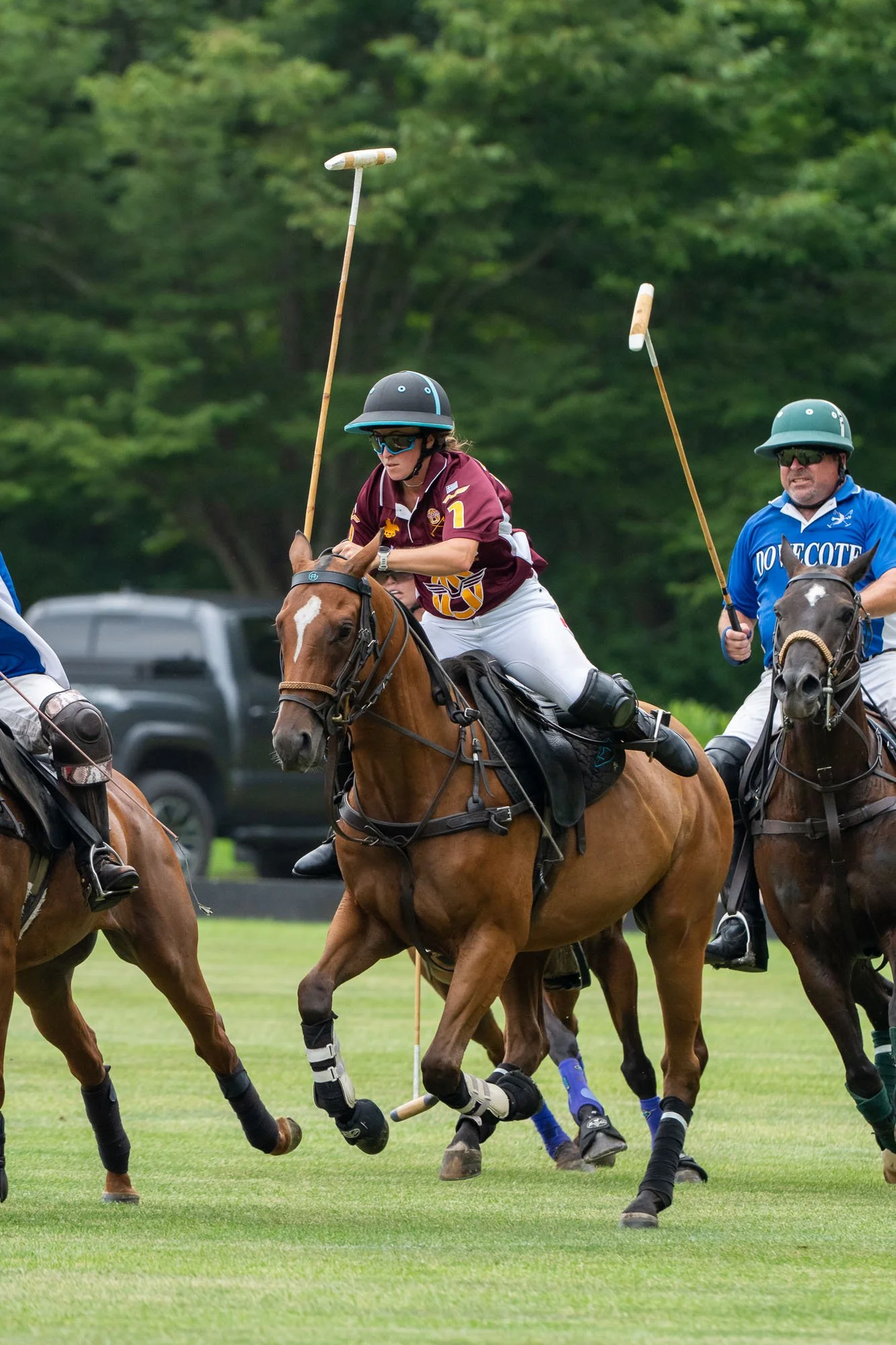 Lacrosse players riding horses on a grassy field during a match, with trees and parked cars in the background.
