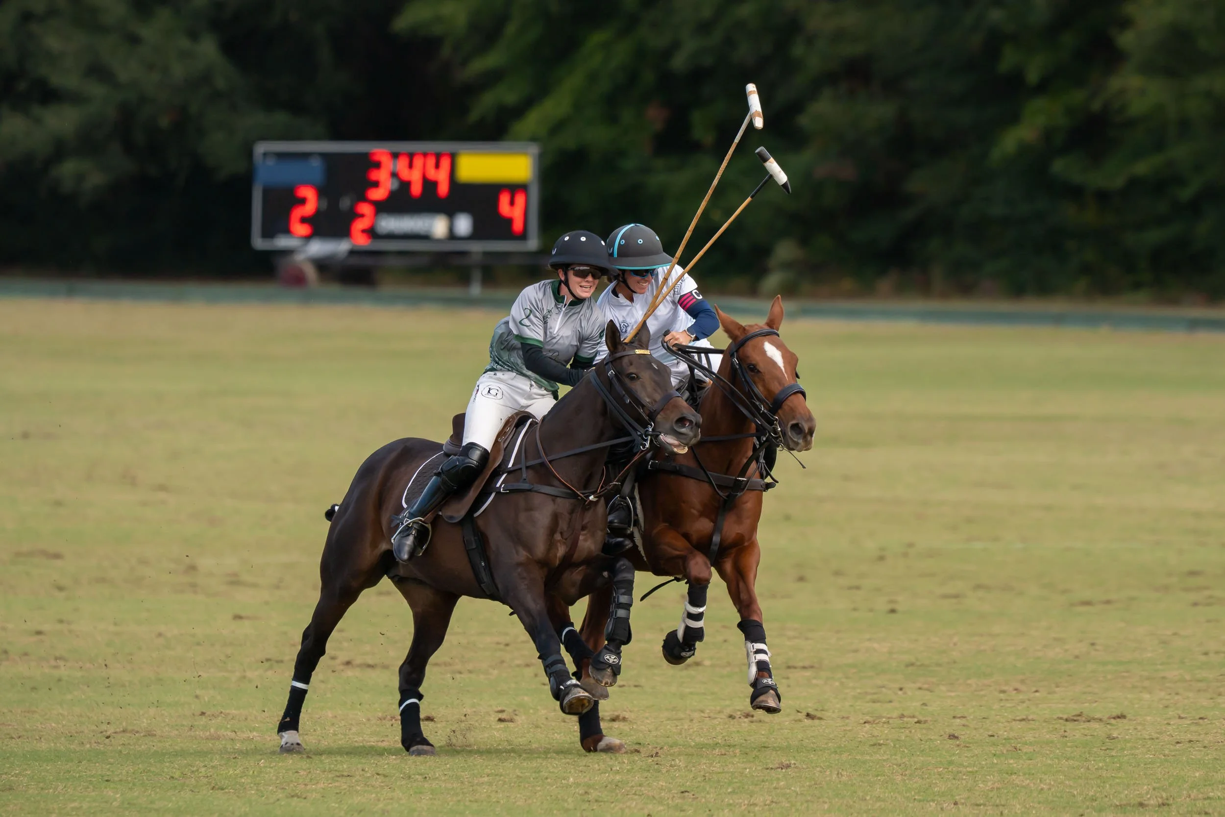 Two polo players riding horses and reaching for the ball on a grass field, with a scoreboard in the background