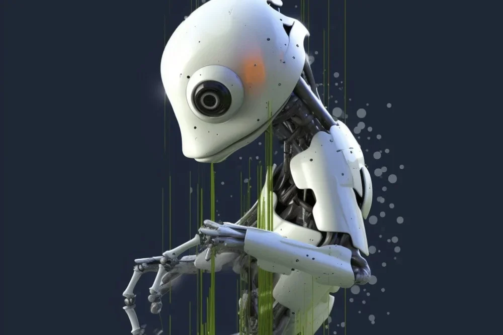 A humanoid robot with an oversized head and a large camera eye, holding a green liquid in its hands against a dark background with green drips and splashes.