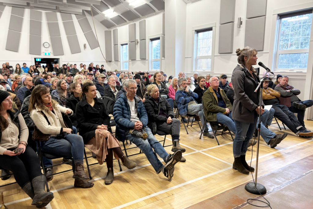 A woman speaking into a microphone during a community meeting or presentation in a large, well-lit room with many seated attendees.