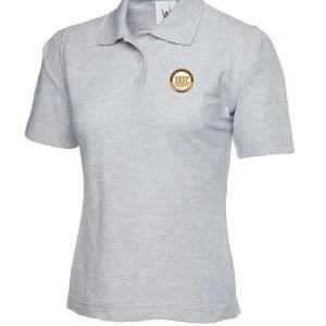 Gray polo shirt with a small circular logo on the left chest that says 'JNC'.