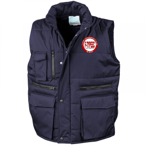 A navy blue tactical vest with multiple zippered pockets and a round red and white patch reading 'CYBER' on the chest.