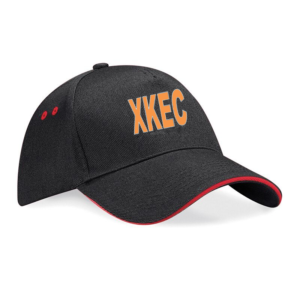 Black baseball cap with red accents and orange text XKEC on the front.