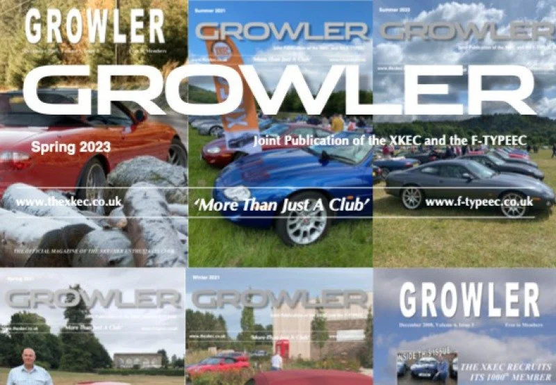 Collection of magazine covers titled 'GROWLER', featuring sports cars and club information, with some covers showing car images and outdoor scenes.