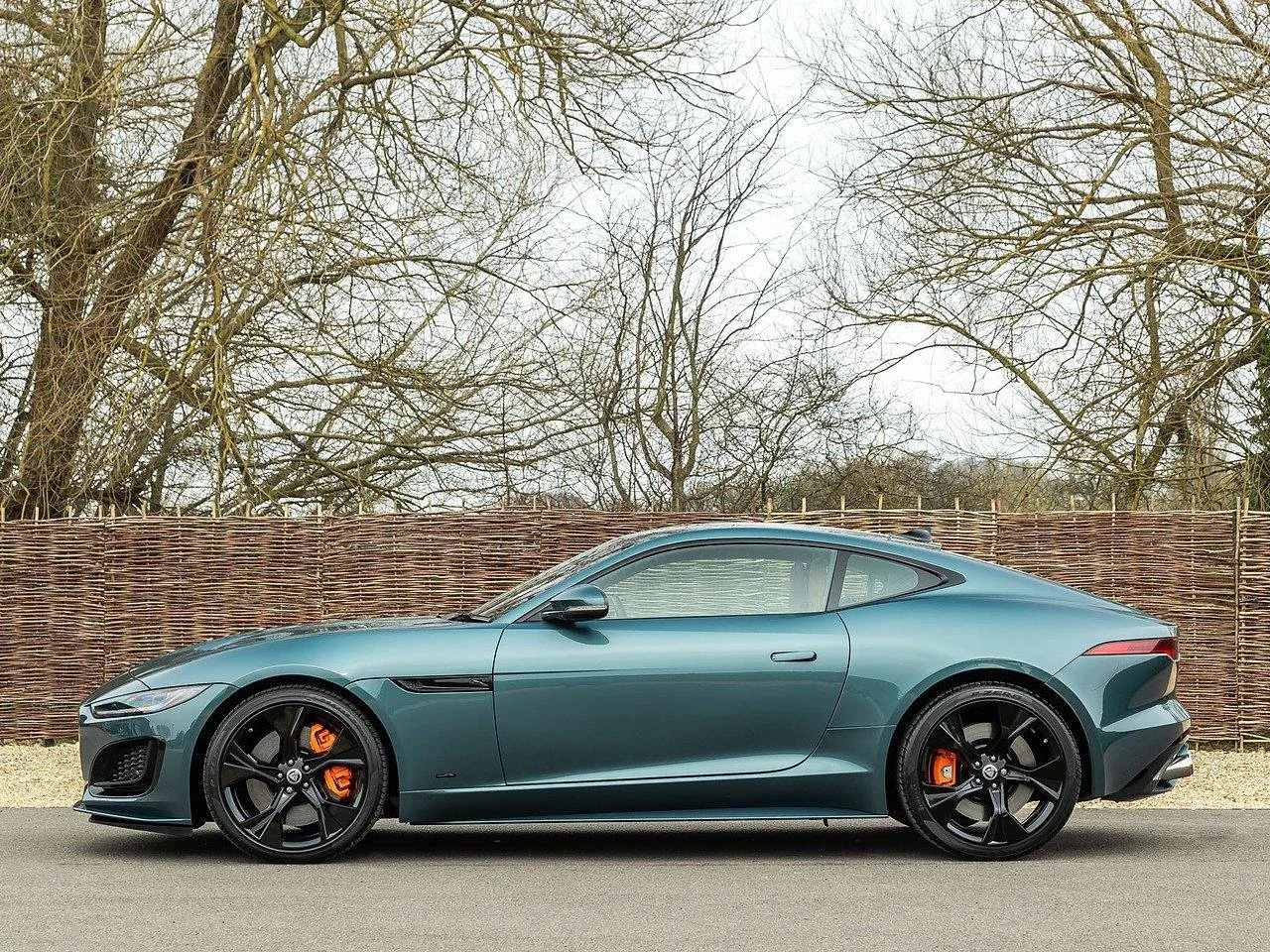 A modern dark green sports car parked on a paved road with a wooden fence and leafless trees in the background.