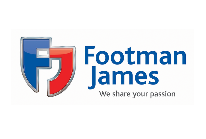 Logo with a shield divided into blue and red sections, featuring a white football in the center, and the text 'Footman James' with the tagline 'We share your passion'.