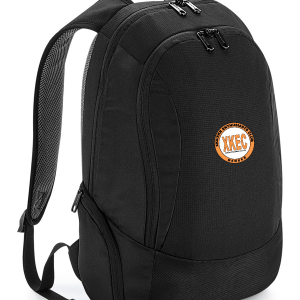 Black backpack with an orange and white logo on the front