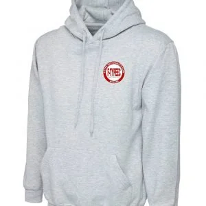 Gray hoodie with a red circular logo on the left chest area.