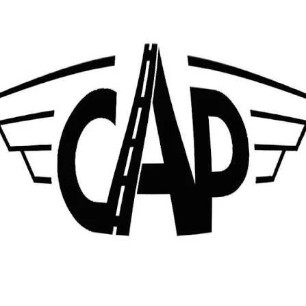 Logo with the word "CAP" in bold letters, featuring a stylized road in the shape of an 'A' and wing-like lines on either side.