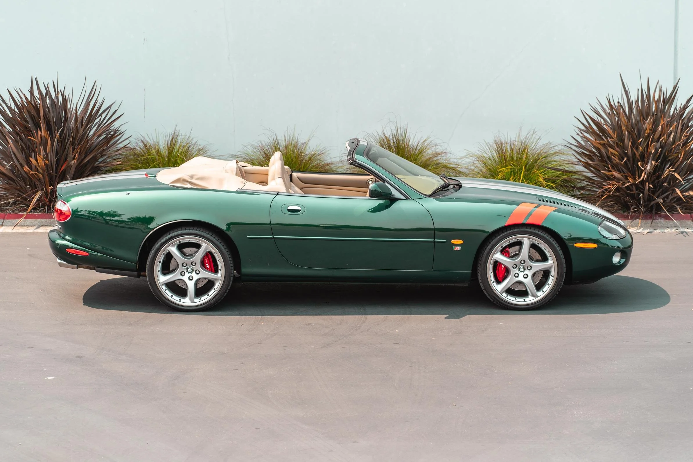 A green convertible sports car parked on the street with its roof down, beige interior, around bushes with reddish-brown and green leaves, and a plain light-colored wall in the background.