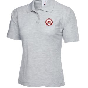 Gray polo shirt with a red circular logo on the chest