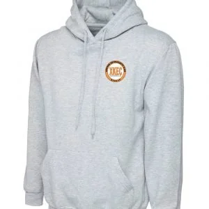Gray hoodie with a small circular logo on the left chest area.