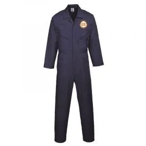 Navy blue mechanic jumpsuit with a circular patch on the chest.