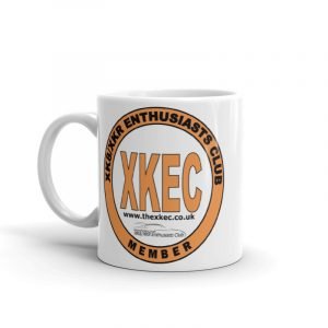 White coffee mug with a circular logo that says 'XXEC' in the center, surrounded by the text 'For Enthusiasts Club Member' and a website URL 'www.thexxec.co.uk'.