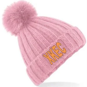 Pink knit beanie hat with a pom-pom and embroidered name 'XAVEC'