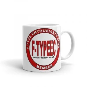 White coffee mug with red and black F-Typeec logo and text, featuring a red circle and the phrases 'F-Type Enthusiasts Club' and 'Member'.