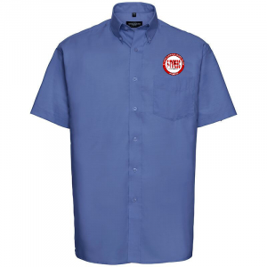 Blue short-sleeve button-up shirt with a logo patch on the left chest pocket.
