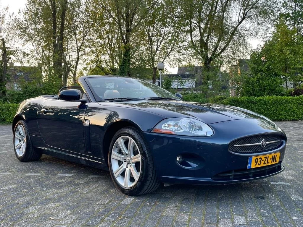 Black convertible sports car parked on a paved area with trees and houses in the background.