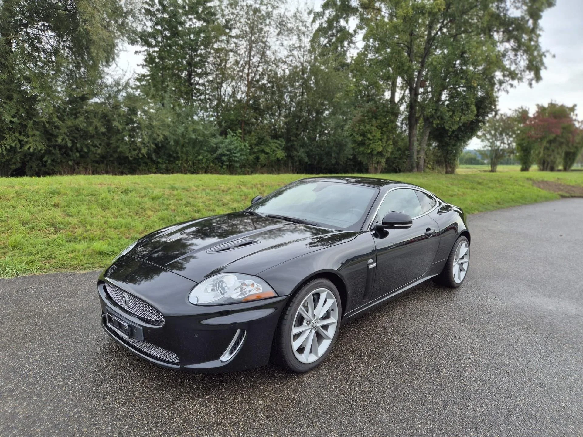 Black sports car parked on the side of the road with green trees and grass in the background.