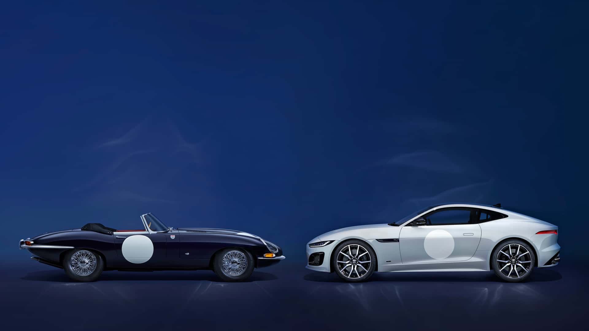 A side-by-side comparison of a vintage black Jaguar E-Type and a modern silver Jaguar F-Type sports car, both featuring white circular racing decals against a dark blue background.