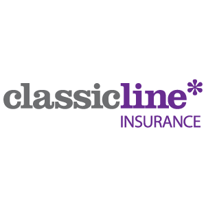 Logo for Classic Line Insurance with the text 'classic' in gray, 'line' in purple, and 'INSURANCE' in purple underneath, accompanied by a purple asterisk.