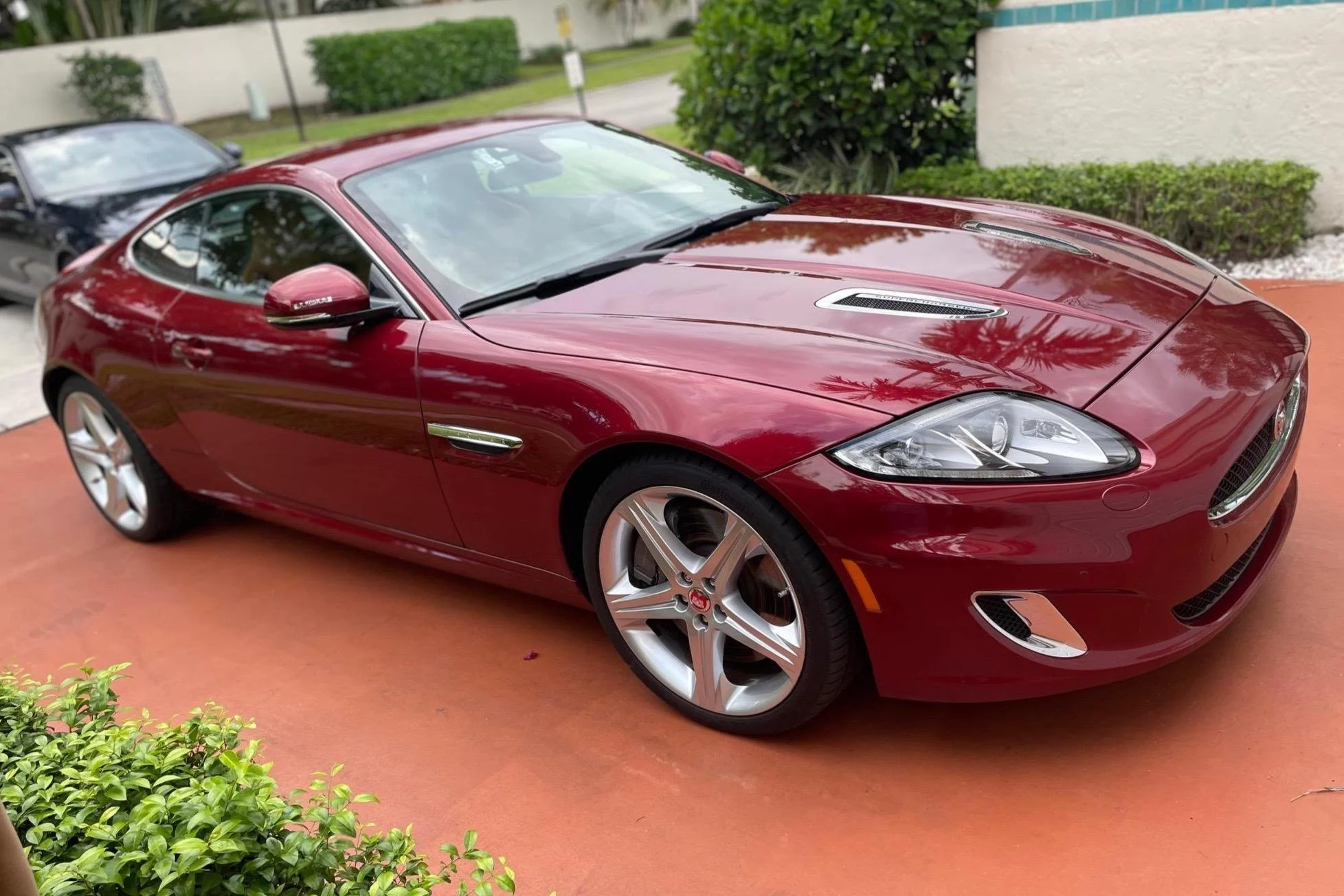 A red sports car parked on a red concrete surface next to green bushes and palm trees, with another black car behind it.