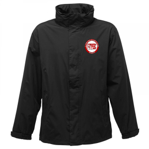 Black jacket with a red and white circular logo on the chest.