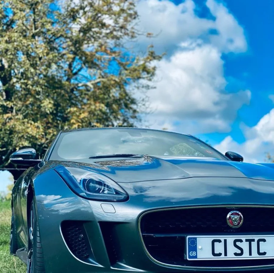 Gray Jaguar sports car parked outdoors on grass with trees and blue sky with clouds in the background.